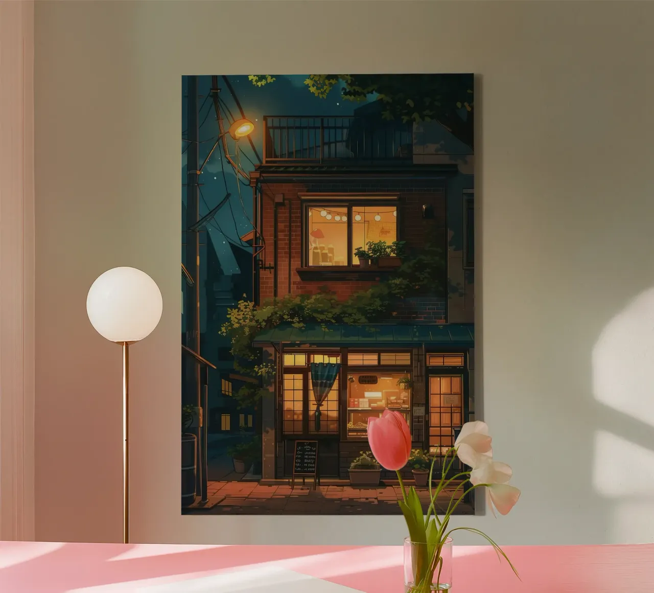 Cozy Bakery at Night - Ghibli Style canvas with Floater frame by ekssign