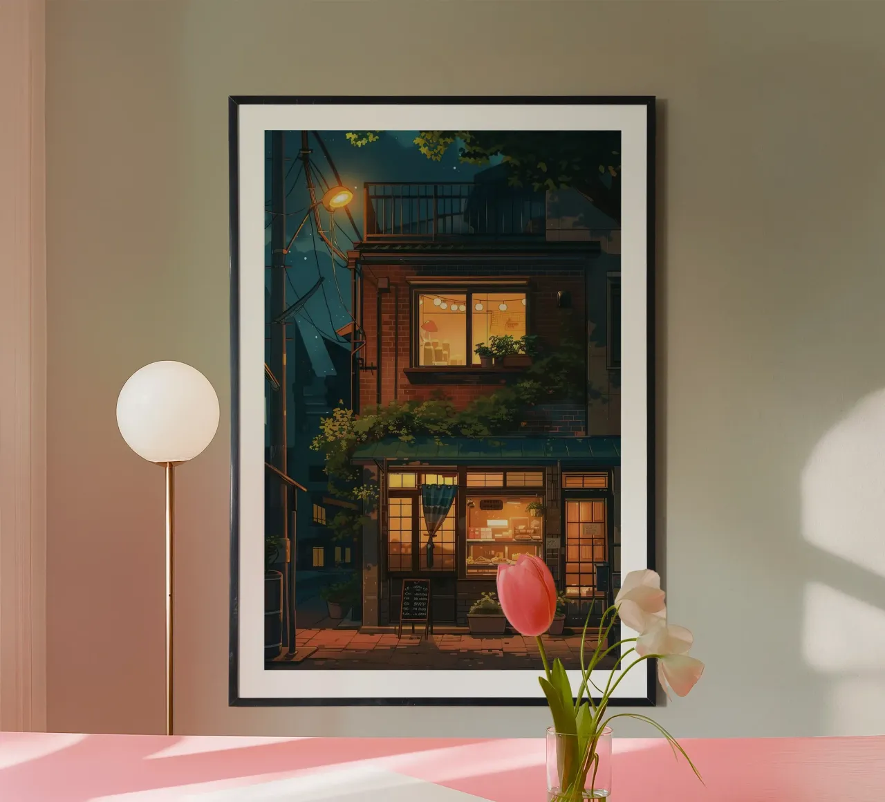 Accogliente panificio di notte - stile Ghibli poster con telaio in legno da ekssign