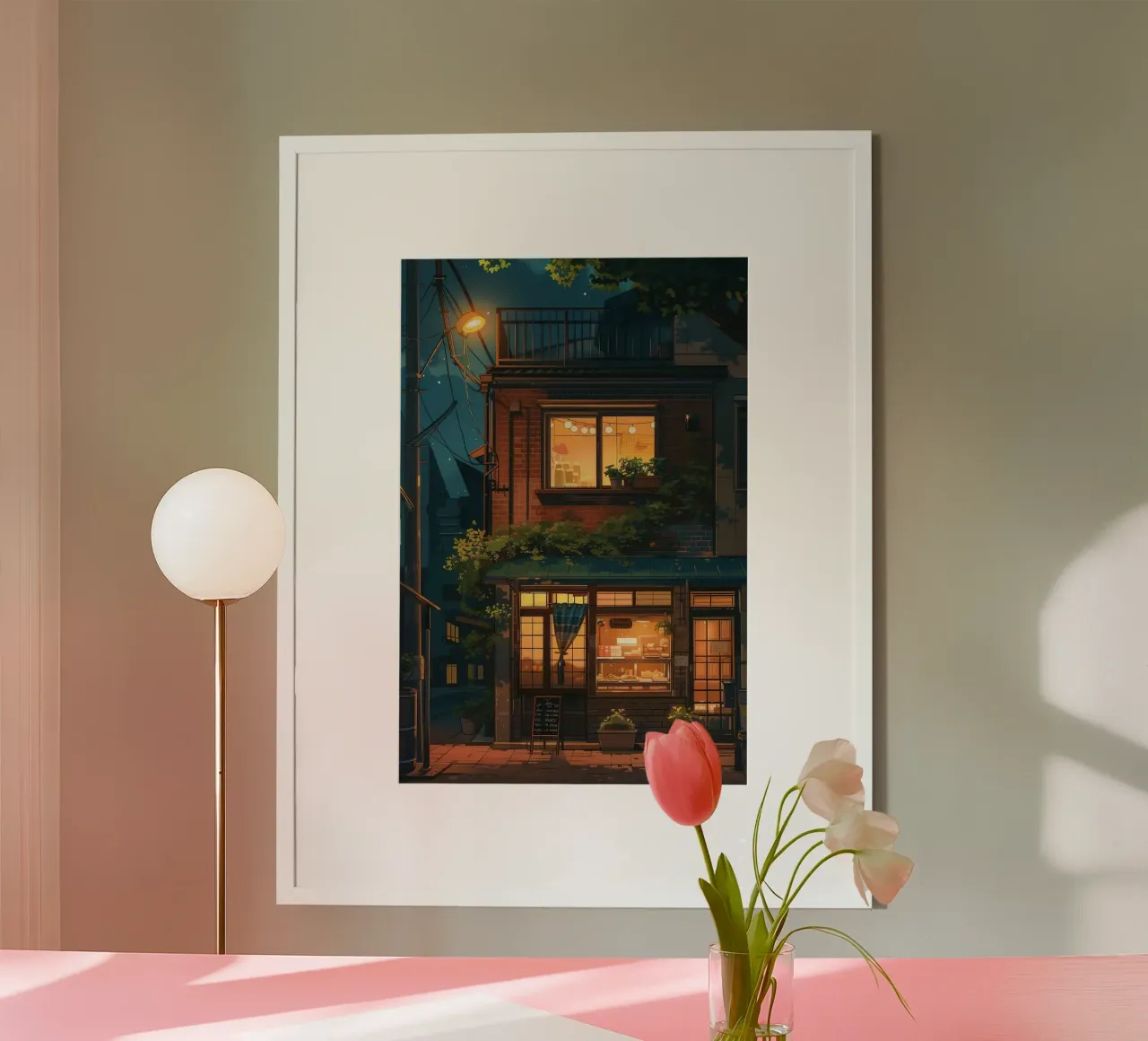 Accogliente panificio di notte - stile Ghibli poster con telaio in legno da ekssign