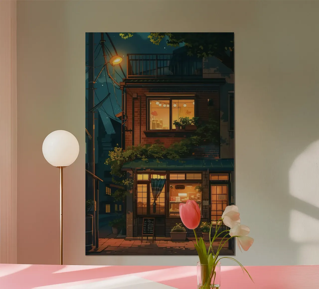 Accogliente panificio di notte - stile Ghibli poster con telaio in legno da ekssign