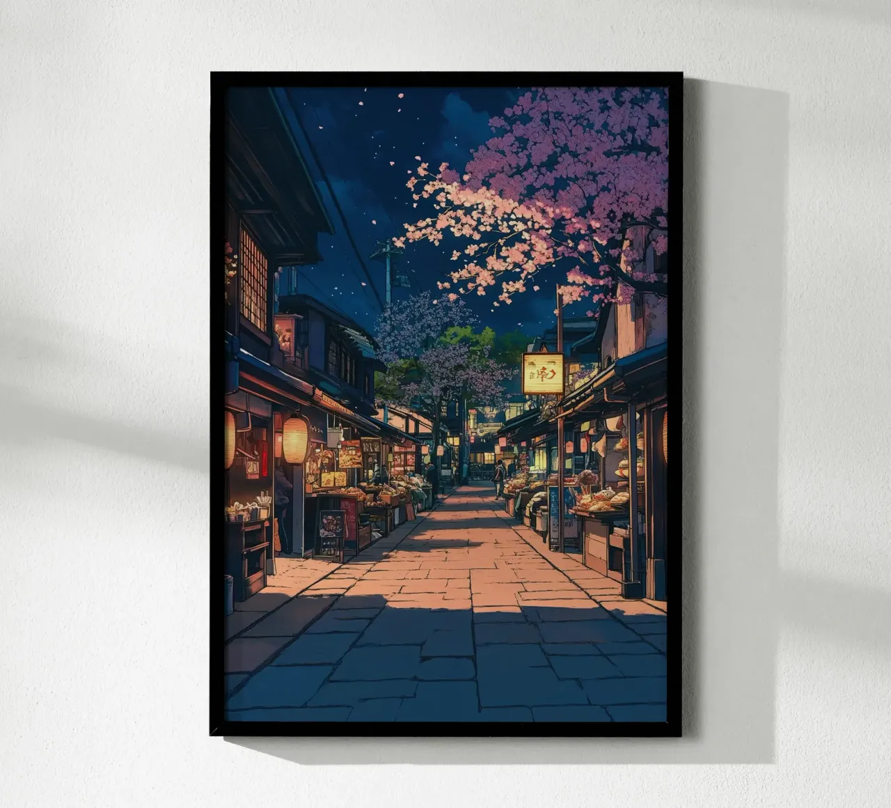 Strada giapponese di notte poster con telaio in legno da ekssign