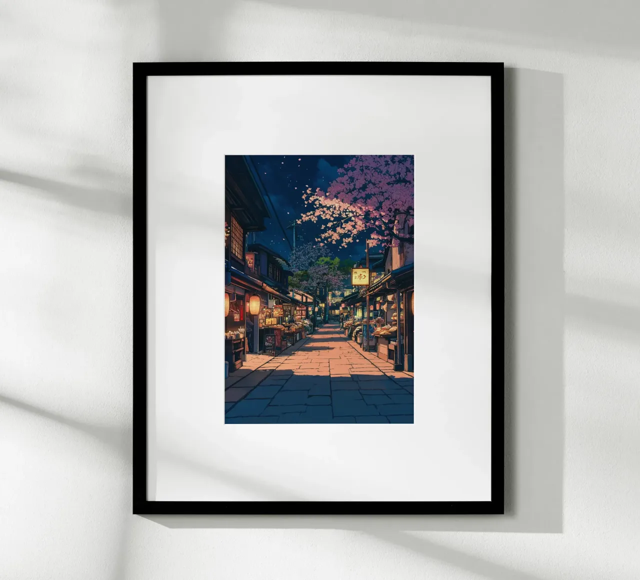 Strada giapponese di notte poster con telaio in legno da ekssign