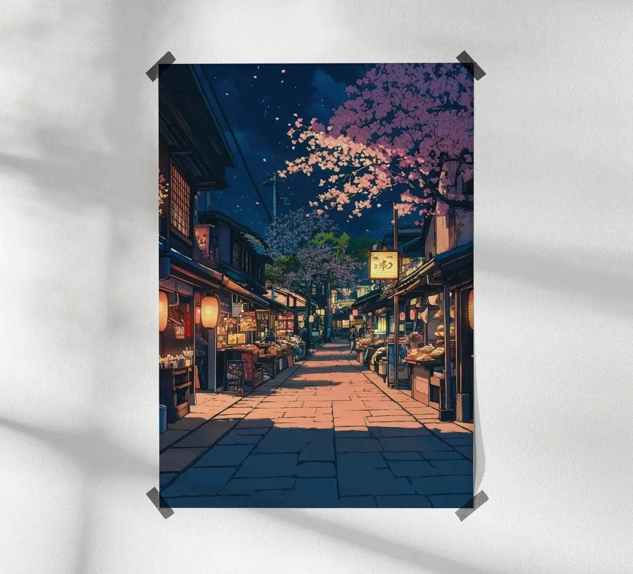 Strada giapponese di notte poster con telaio in legno da ekssign