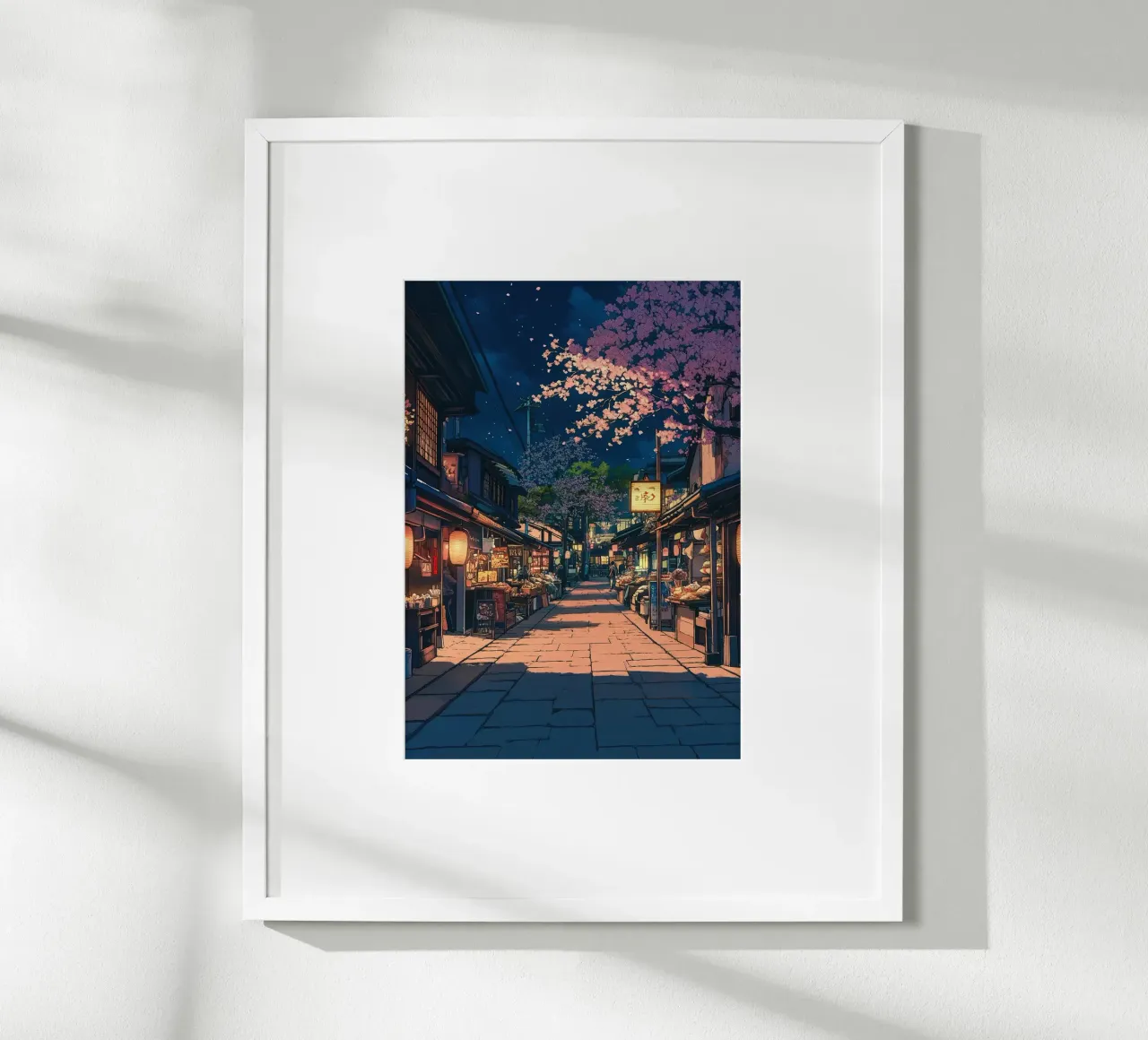 Strada giapponese di notte poster con telaio in legno da ekssign