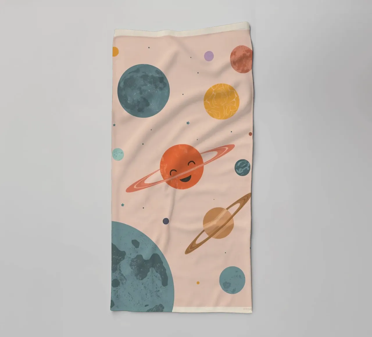 Planets with Rings and Stars on Peach Background towel by DesignDoodle
