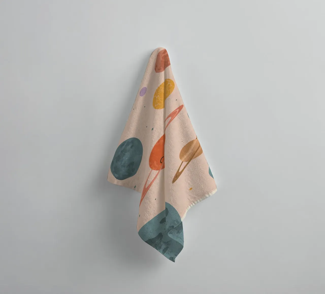 Planets with Rings and Stars on Peach Background towel by DesignDoodle