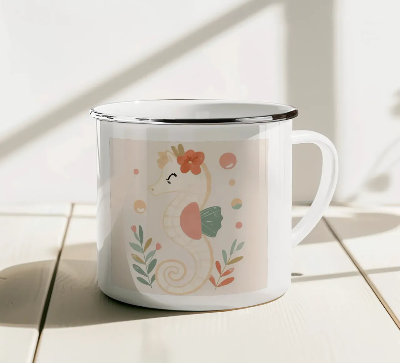 Simpatico cavalluccio marino con fiori e fogliame tazza in smalto da DesignDoodle
