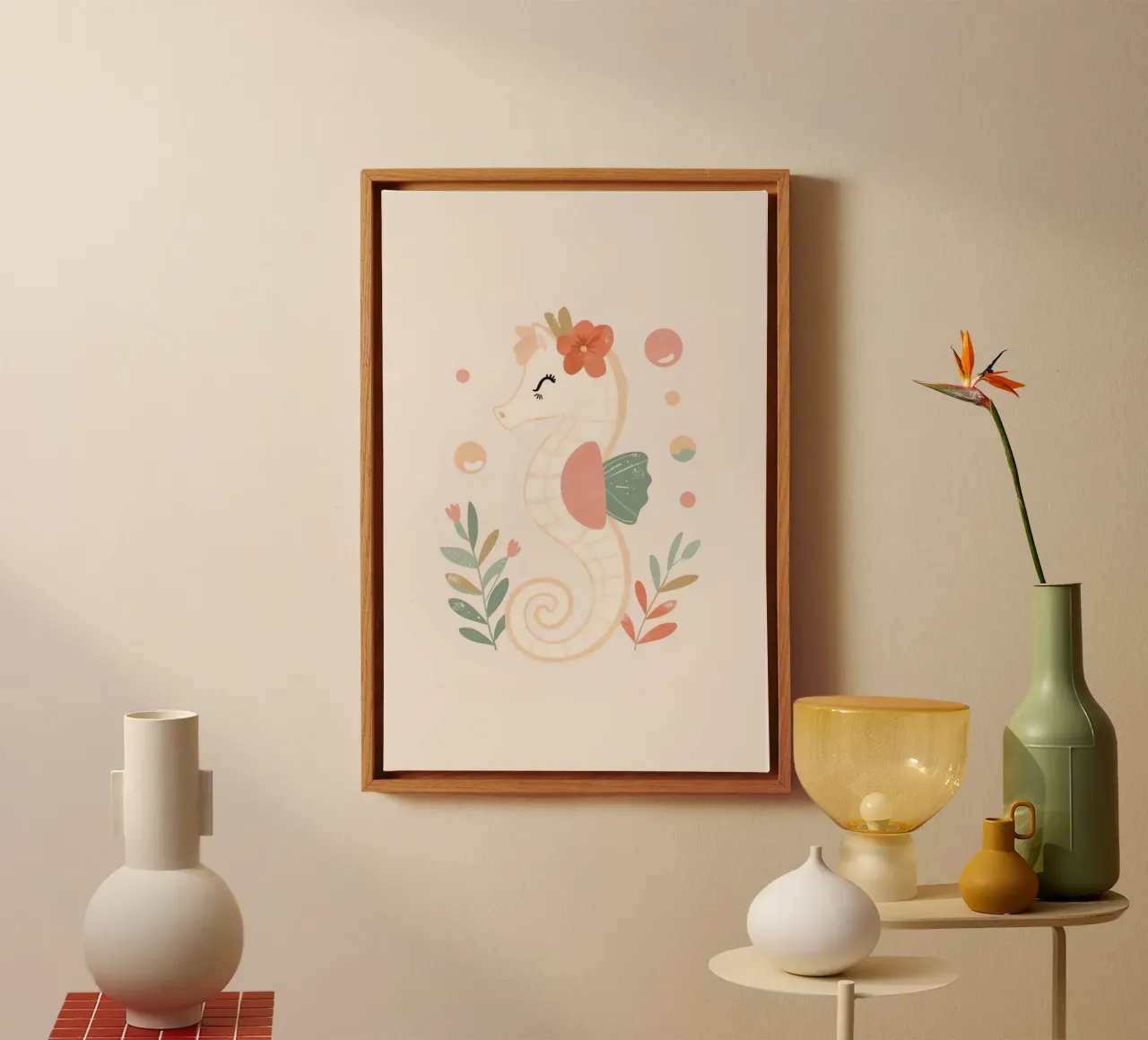 Schattig zeepaardje met bloem en bladeren canvas met Baklijst van DesignDoodle