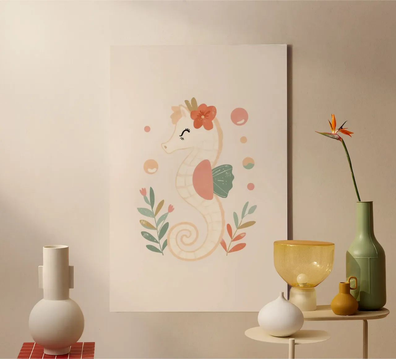 Schattig zeepaardje met bloem en bladeren canvas met Baklijst van DesignDoodle