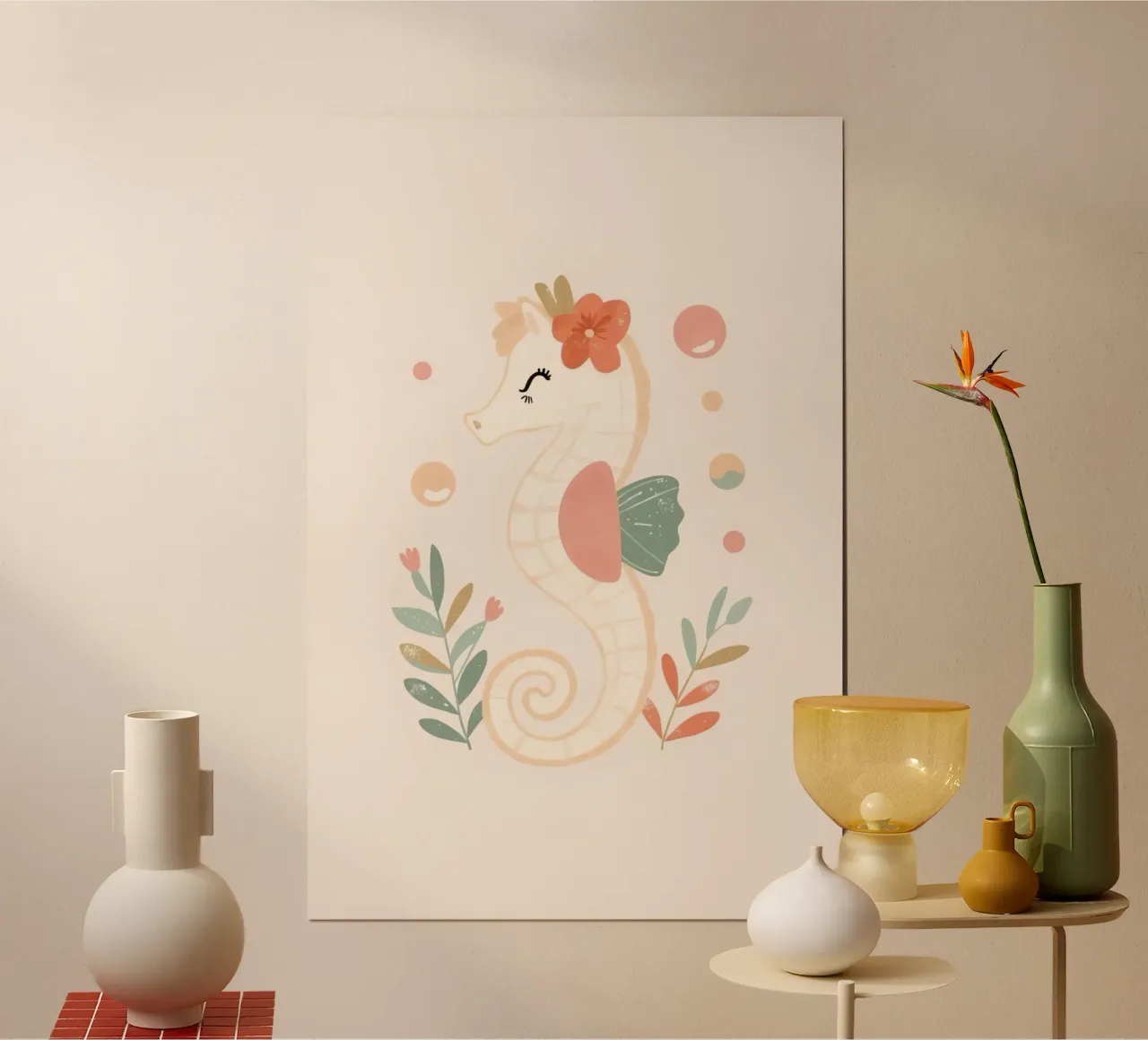 Simpatico cavalluccio marino con fiori e fogliame poster con telaio in plastica da DesignDoodle