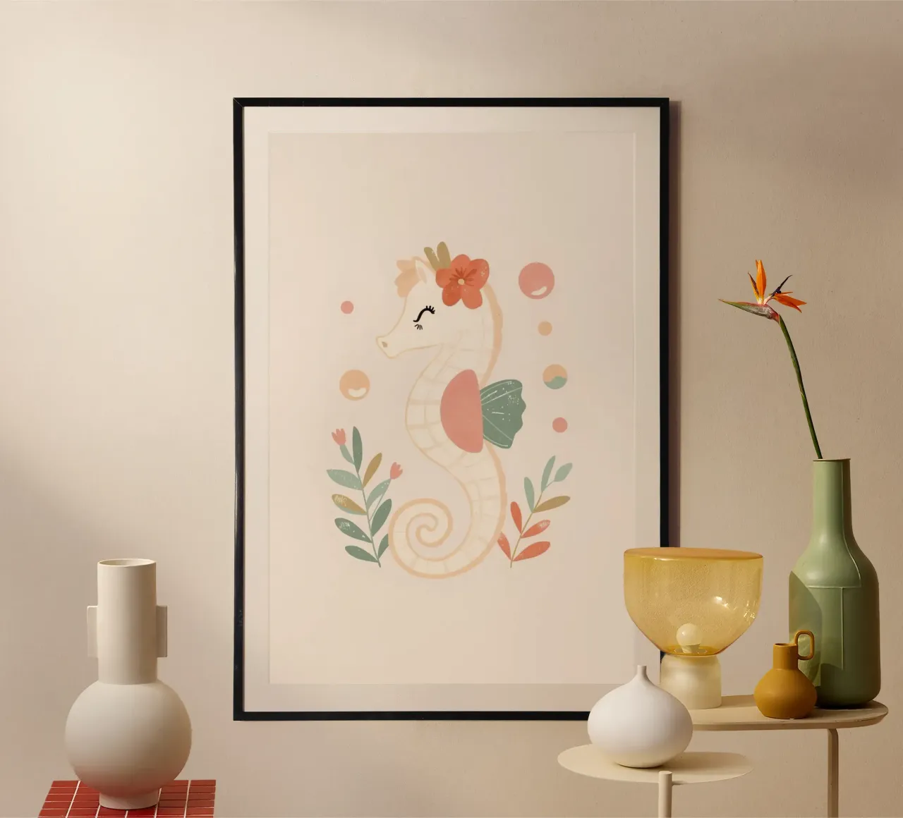 Simpatico cavalluccio marino con fiori e fogliame poster con telaio in plastica da DesignDoodle