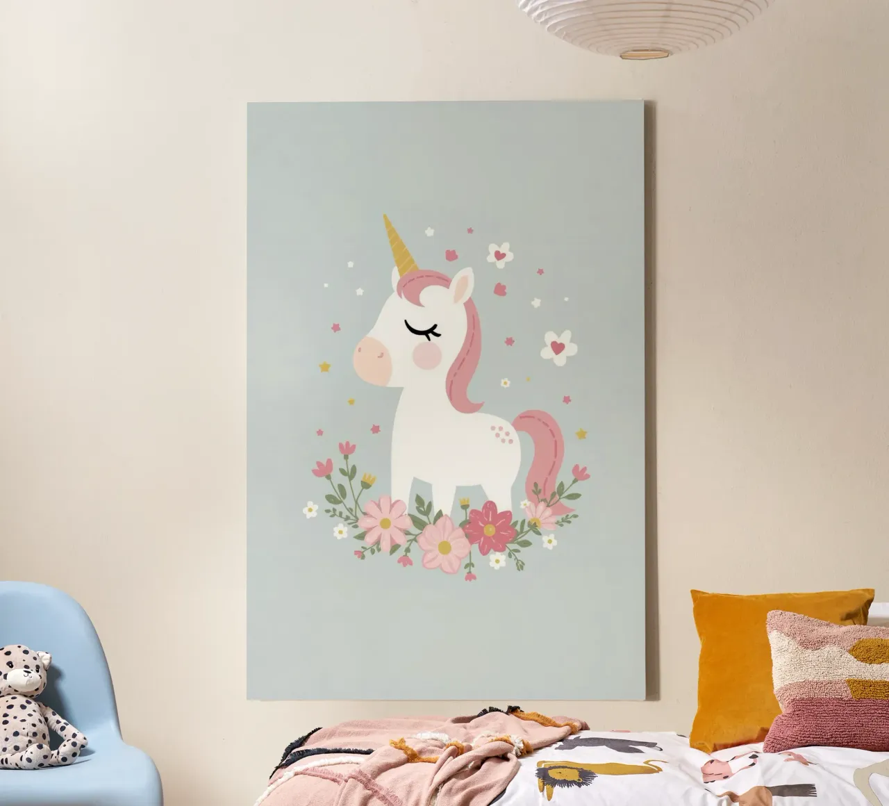 Cute Unicorn with Floral Wreath on Blue Background canvas with Floater frame by DesignDoodle