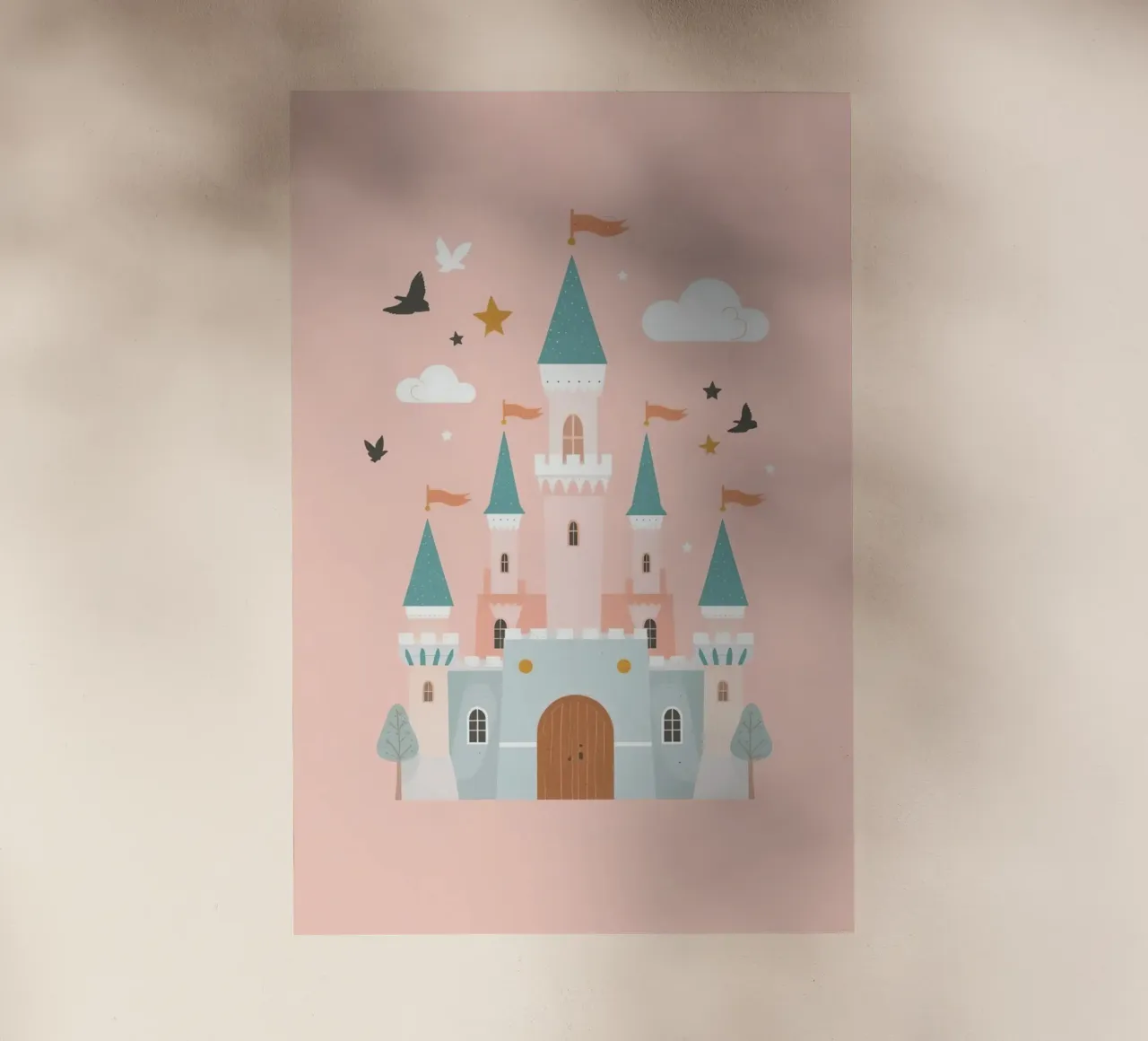 Castello della principessa con uccelli e nuvole su Peach art pellicola backlit da DesignDoodle