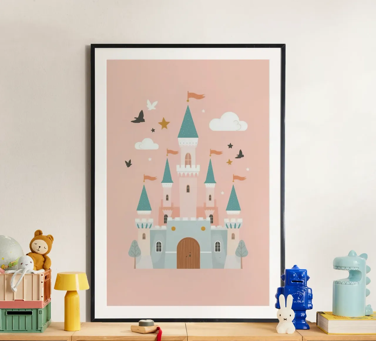 Prinsessenkasteel met vogels en wolken op Peach art poster van DesignDoodle