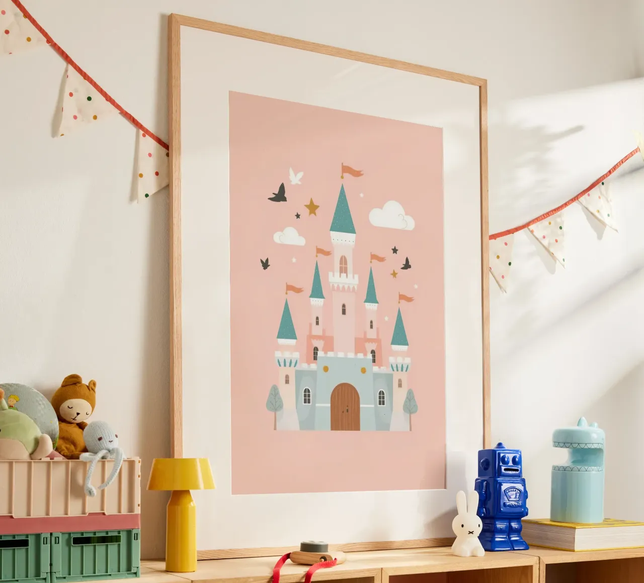 Prinsessenkasteel met vogels en wolken op Peach art poster van DesignDoodle