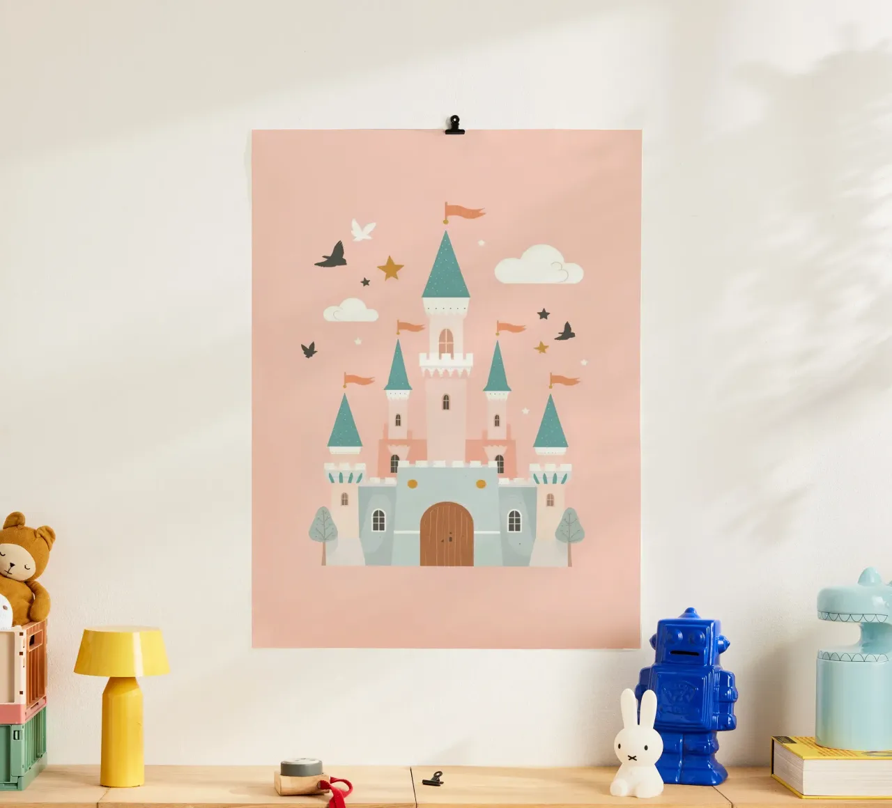 Prinsessenkasteel met vogels en wolken op Peach art poster van DesignDoodle