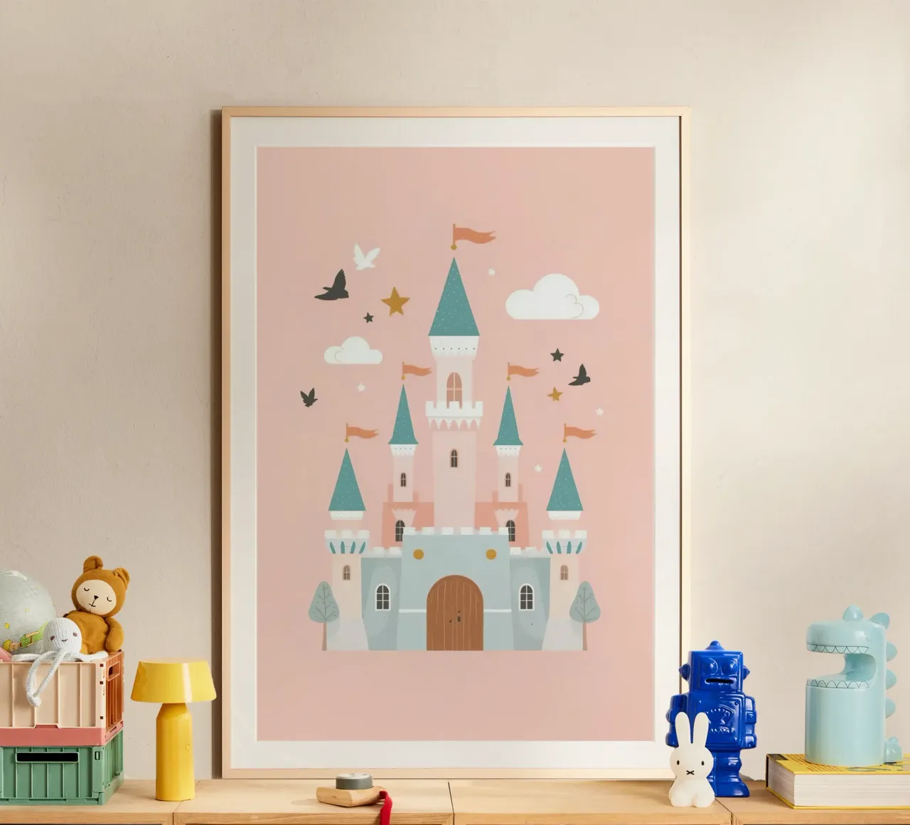 Prinsessenkasteel met vogels en wolken op Peach art poster van DesignDoodle