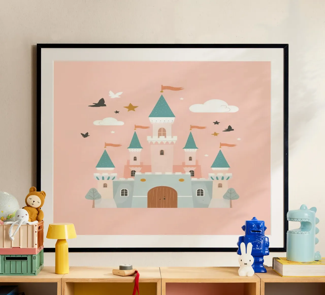 Prinsessenkasteel met vogels en wolken op Peach art poster van DesignDoodle