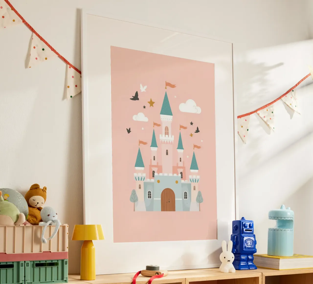Prinsessenkasteel met vogels en wolken op Peach art poster van DesignDoodle