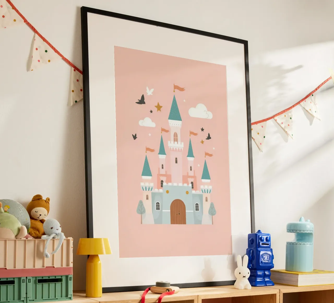 Prinsessenkasteel met vogels en wolken op Peach art poster van DesignDoodle