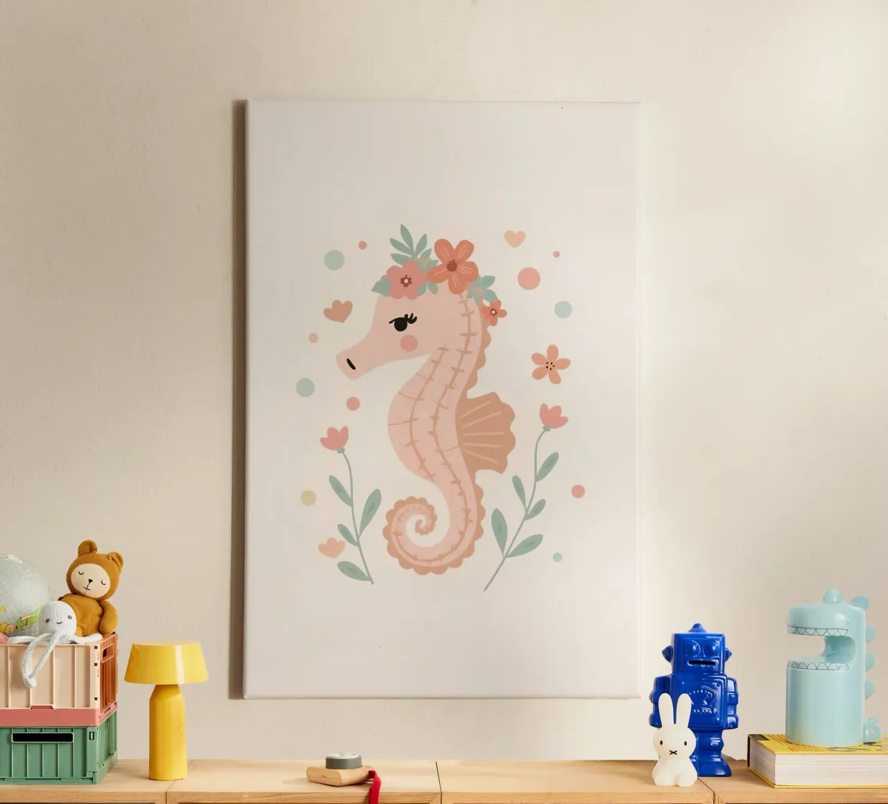 Schattig perzik zeepaardje met bloemen canvas met Baklijst van DesignDoodle