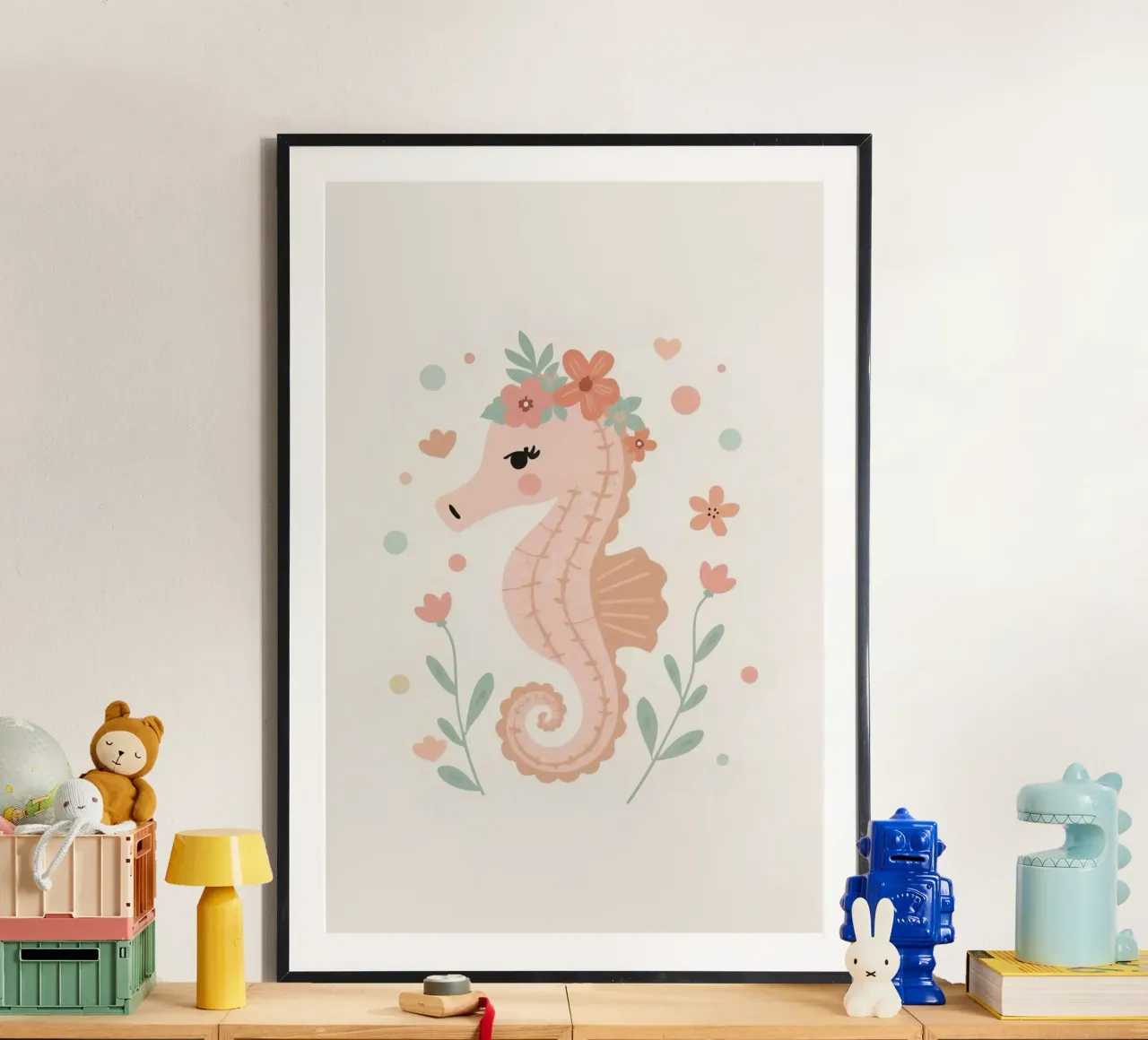 Simpatico cavalluccio marino con fiori poster con telaio in plastica da DesignDoodle
