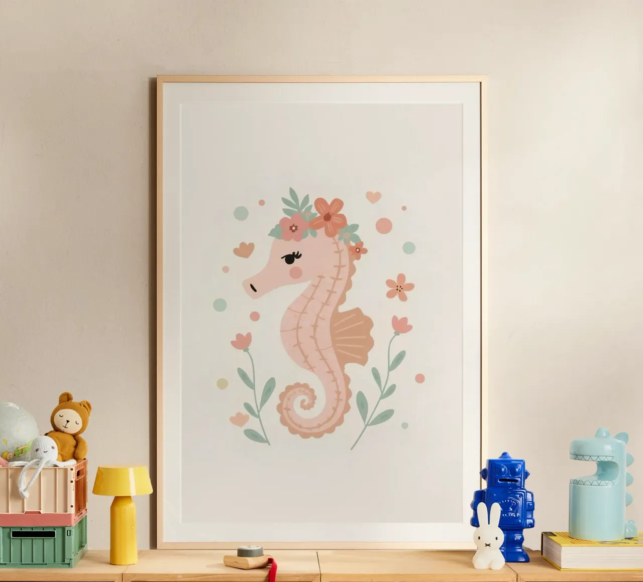 Simpatico cavalluccio marino con fiori poster con telaio in plastica da DesignDoodle