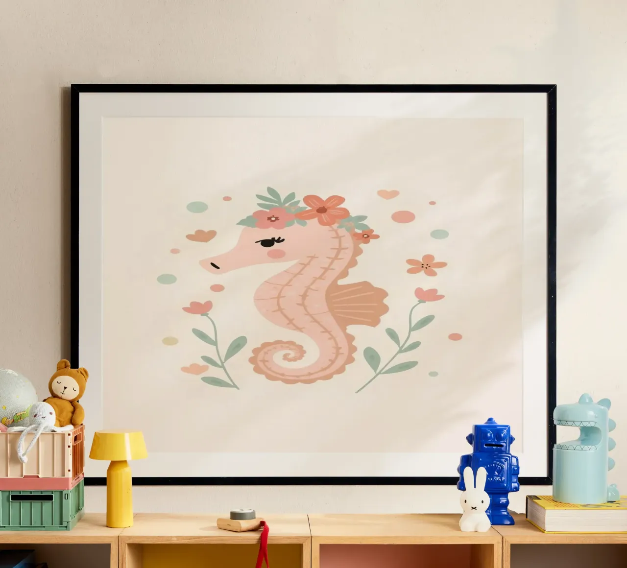 Simpatico cavalluccio marino con fiori poster con telaio in plastica da DesignDoodle