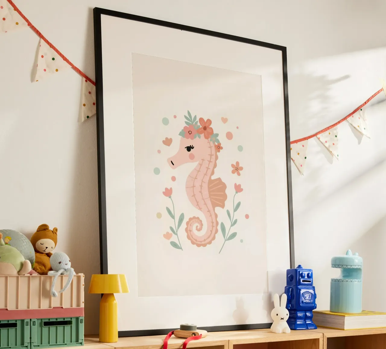 Simpatico cavalluccio marino con fiori poster con telaio in plastica da DesignDoodle