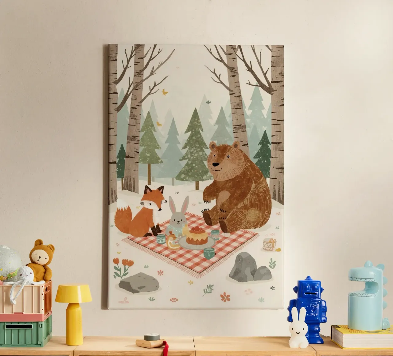 Animali carini che fanno un picnic nella foresta tela con Cornice a cassetta da DesignDoodle