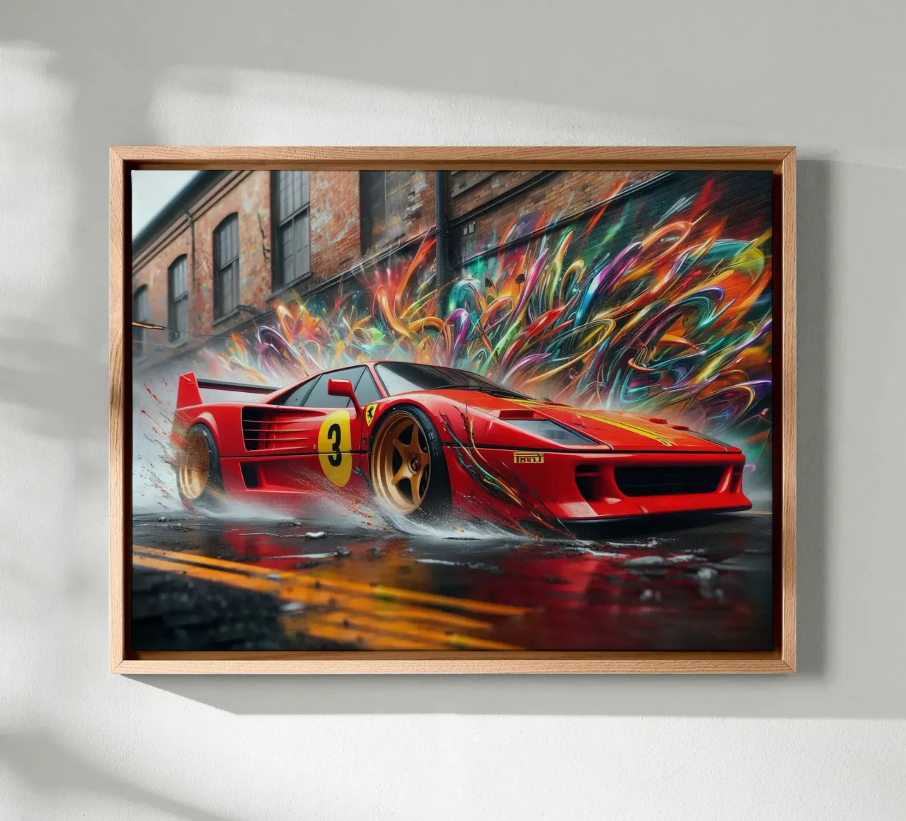 Red racing sports car with graffiti background canvas with Floater frame by 🥝 KIWI STORE