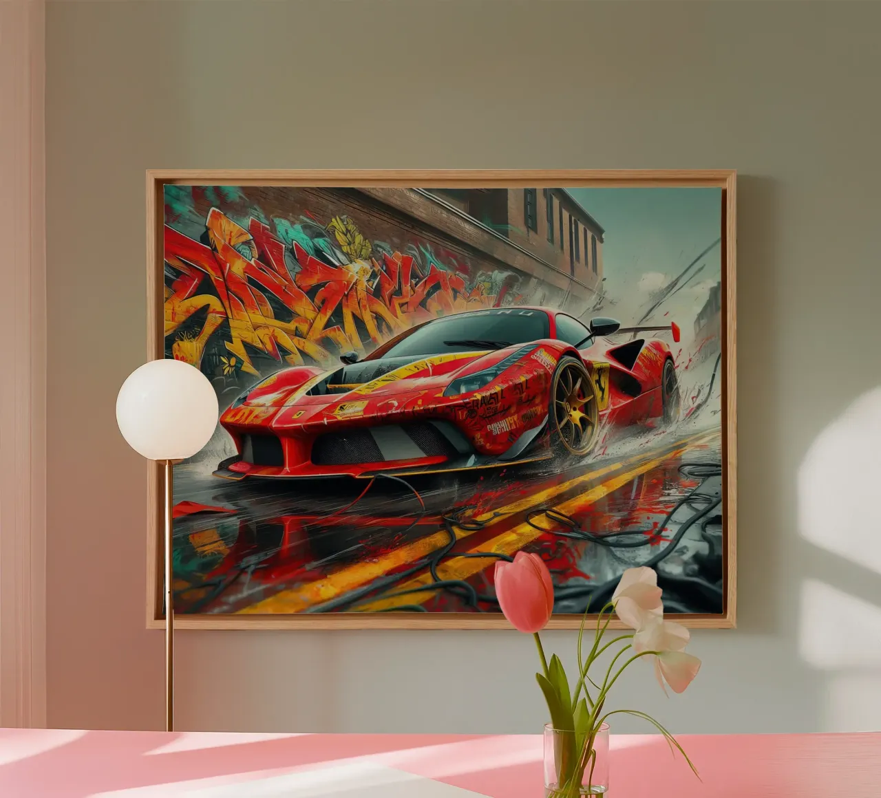 Red racing sports car with graffiti background canvas with Floater frame by 🥝 KIWI STORE