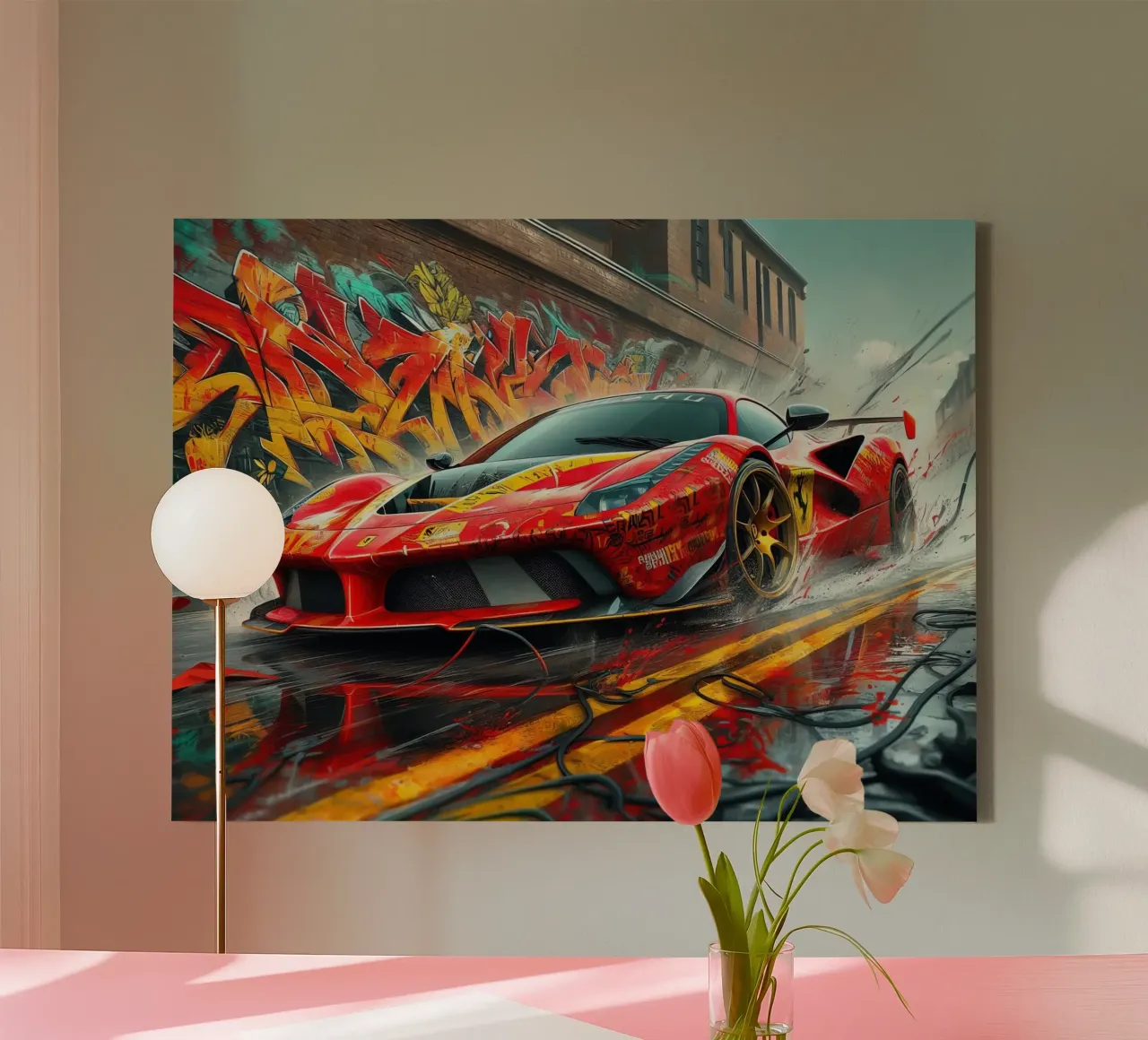 Red racing sports car with graffiti background canvas with Floater frame by 🥝 KIWI STORE
