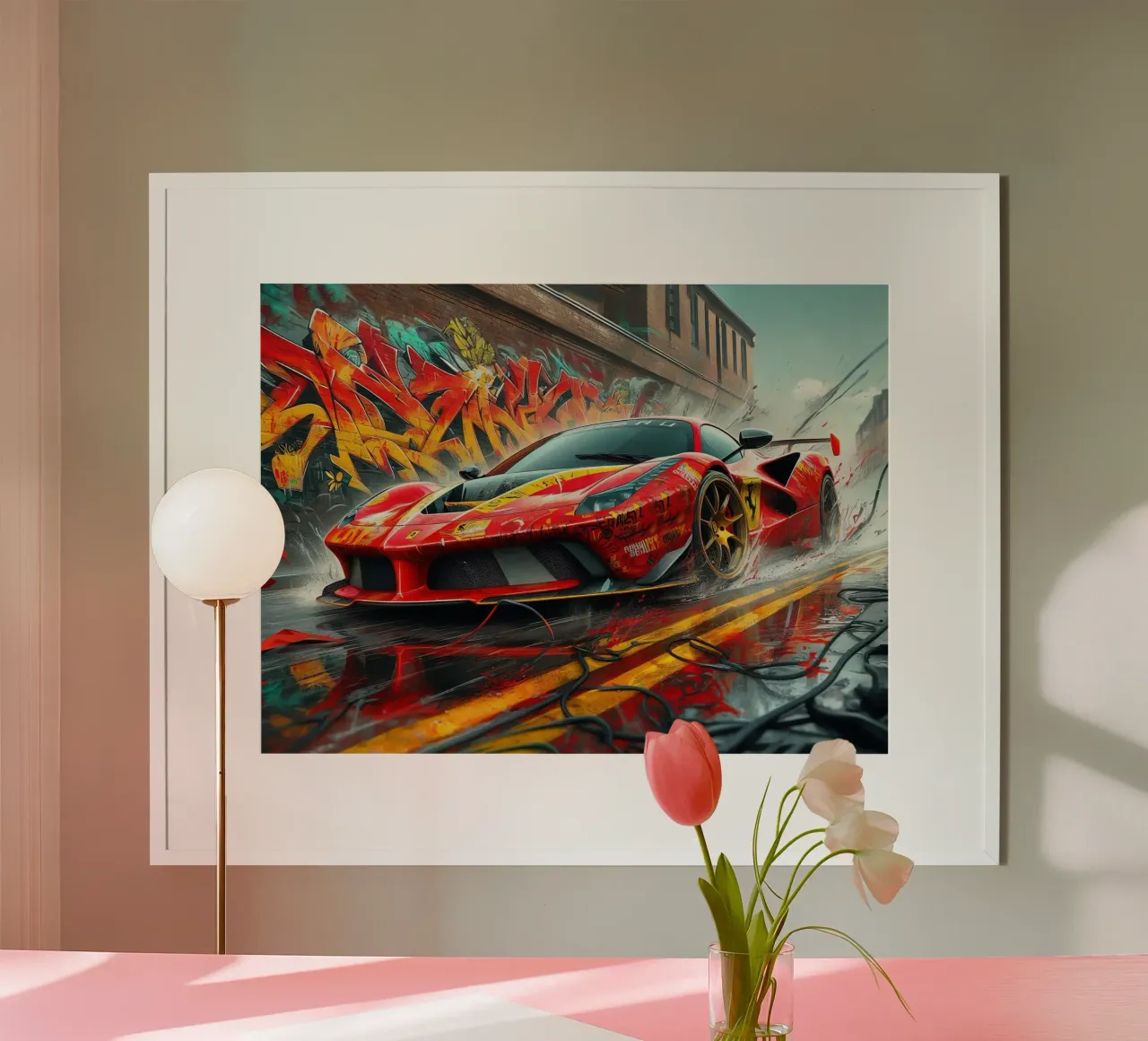 Coche deportivo de carreras rojo con fondo de graffiti poster de 🥝 KIWI STORE