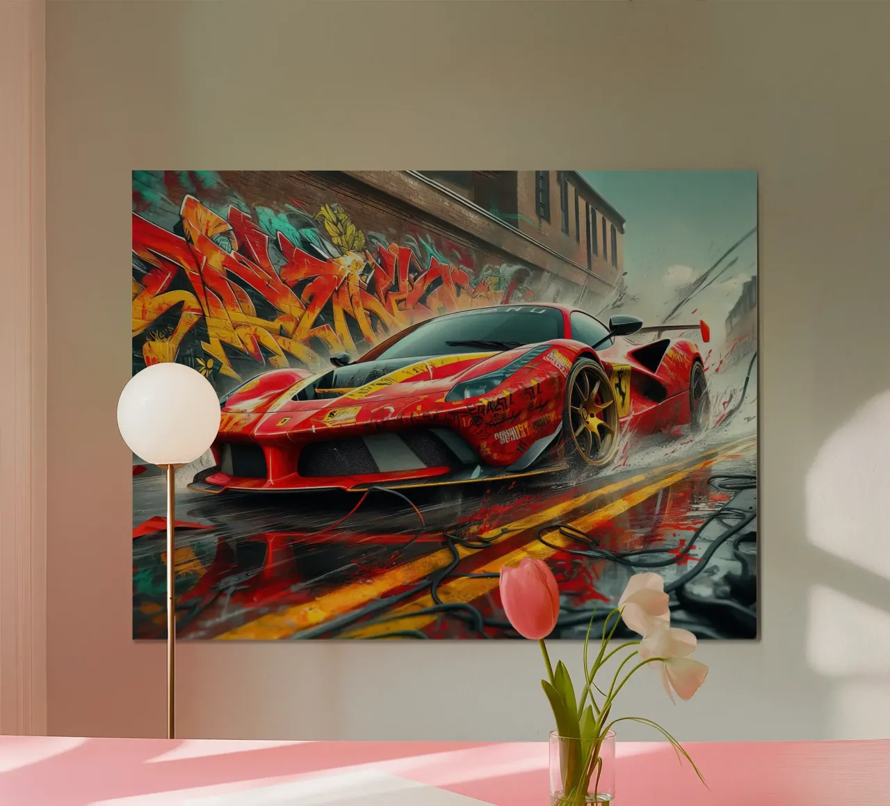Coche deportivo de carreras rojo con fondo de graffiti poster de 🥝 KIWI STORE