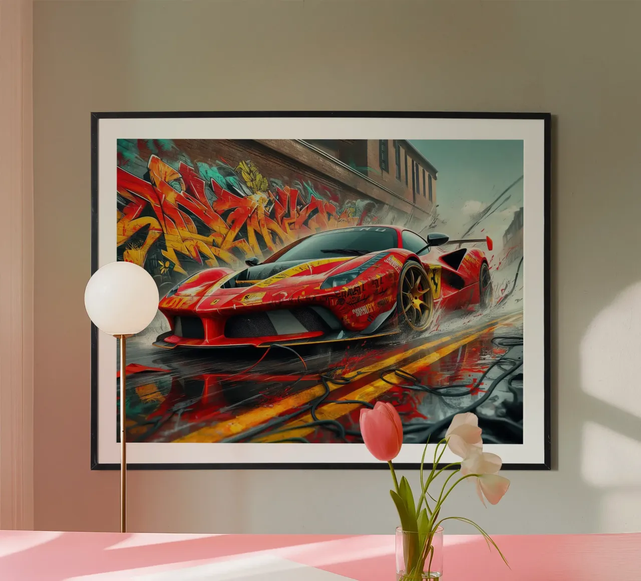 Coche deportivo de carreras rojo con fondo de graffiti poster de 🥝 KIWI STORE