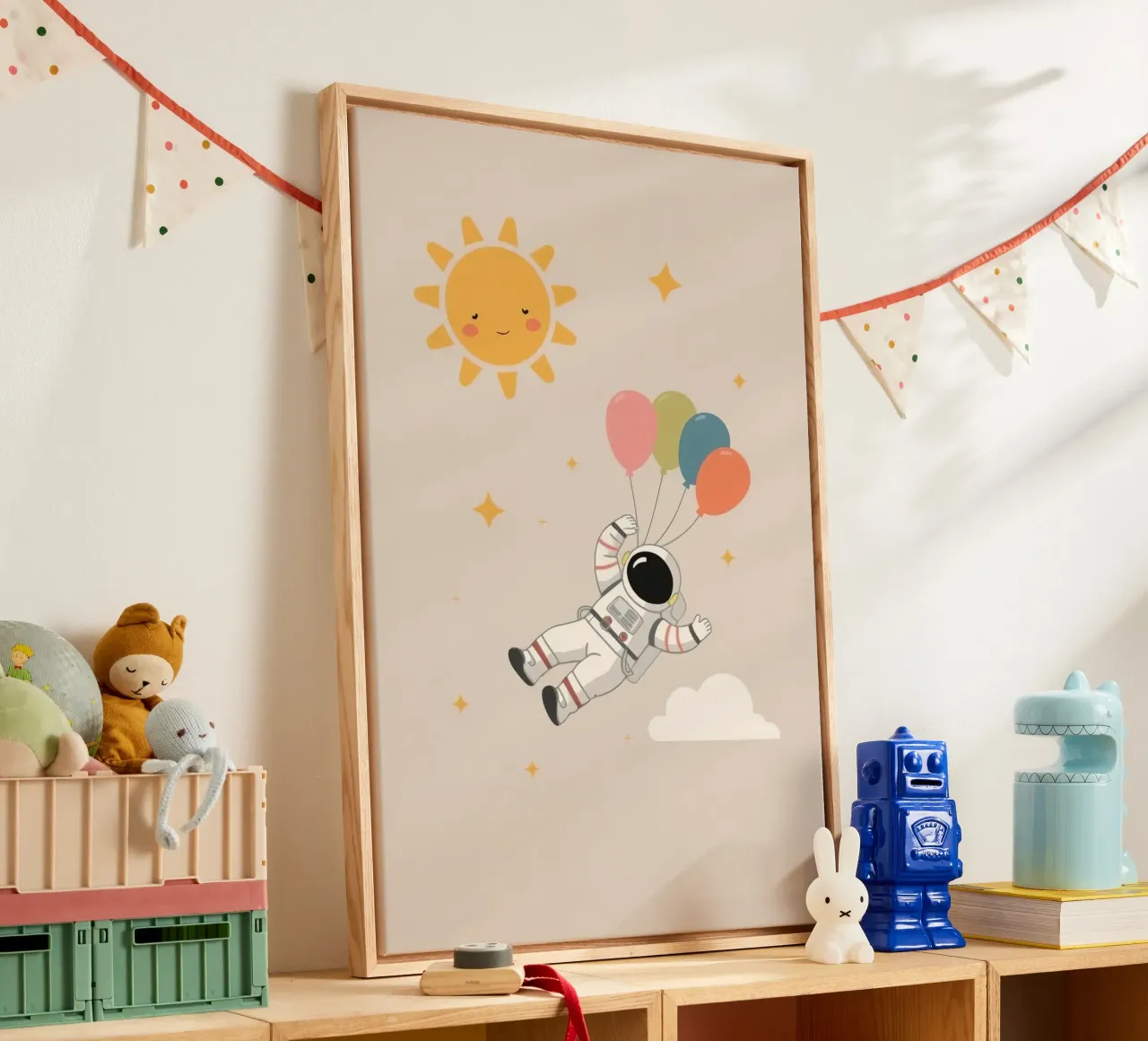 Schattige Kunst Astronaut met Ballonnen Zon Sterren en Wolk canvas met Baklijst van DesignDoodle