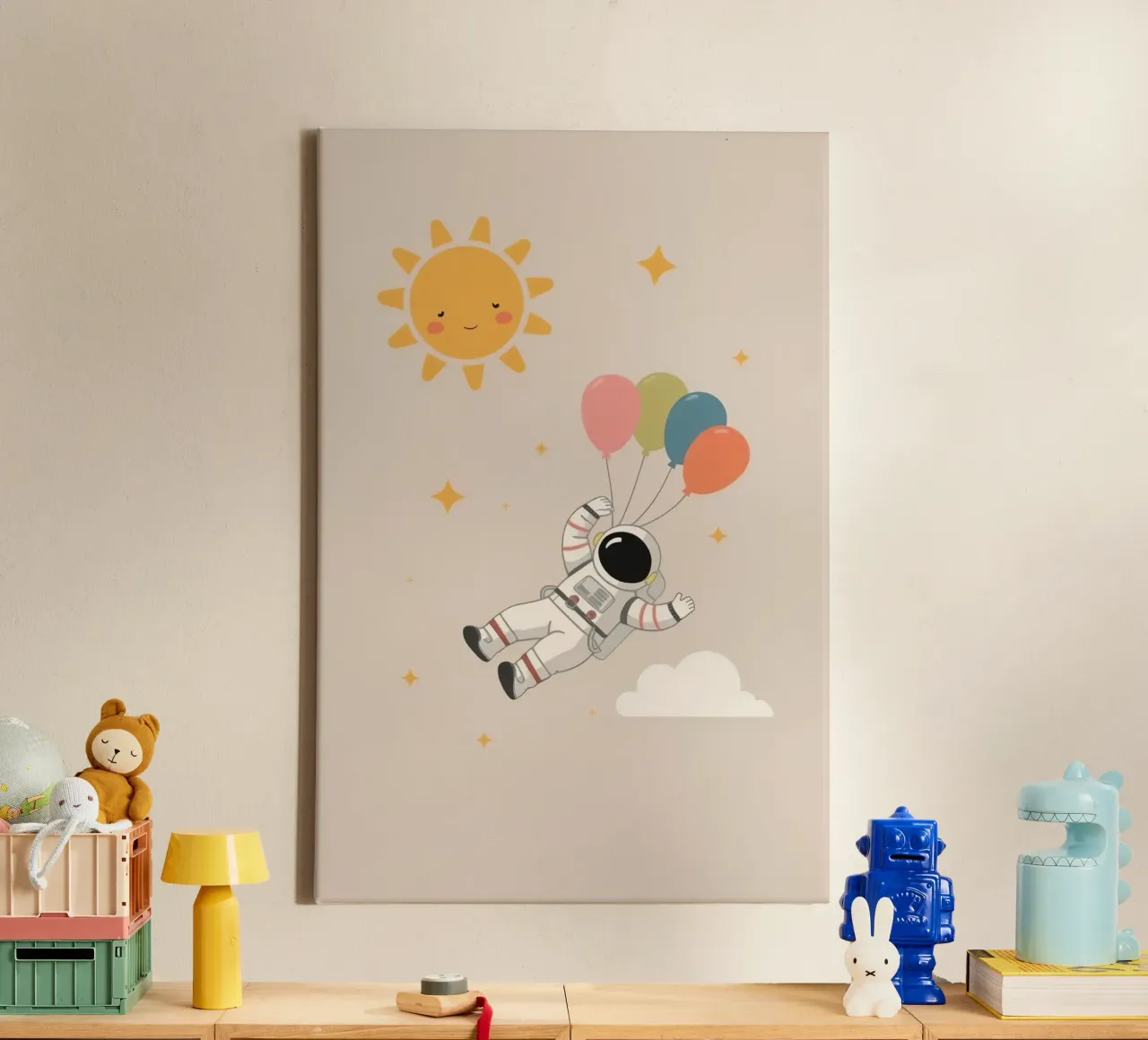 Schattige Kunst Astronaut met Ballonnen Zon Sterren en Wolk canvas met Baklijst van DesignDoodle