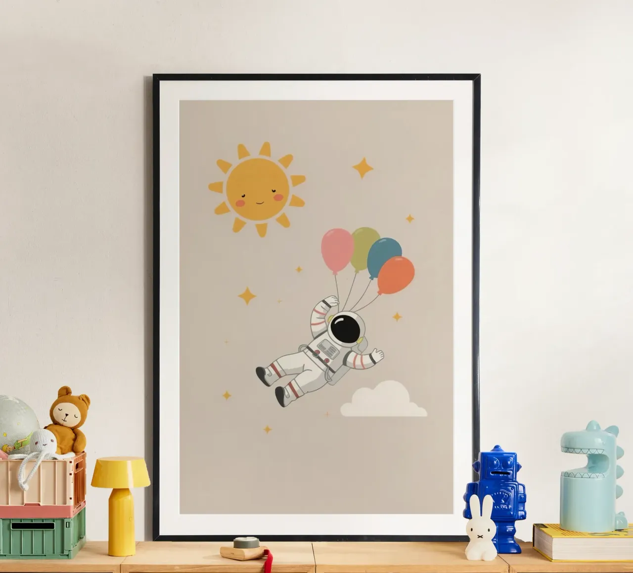 Astronauta d'arte carino con palloncini sole stelle e nuvole poster da DesignDoodle
