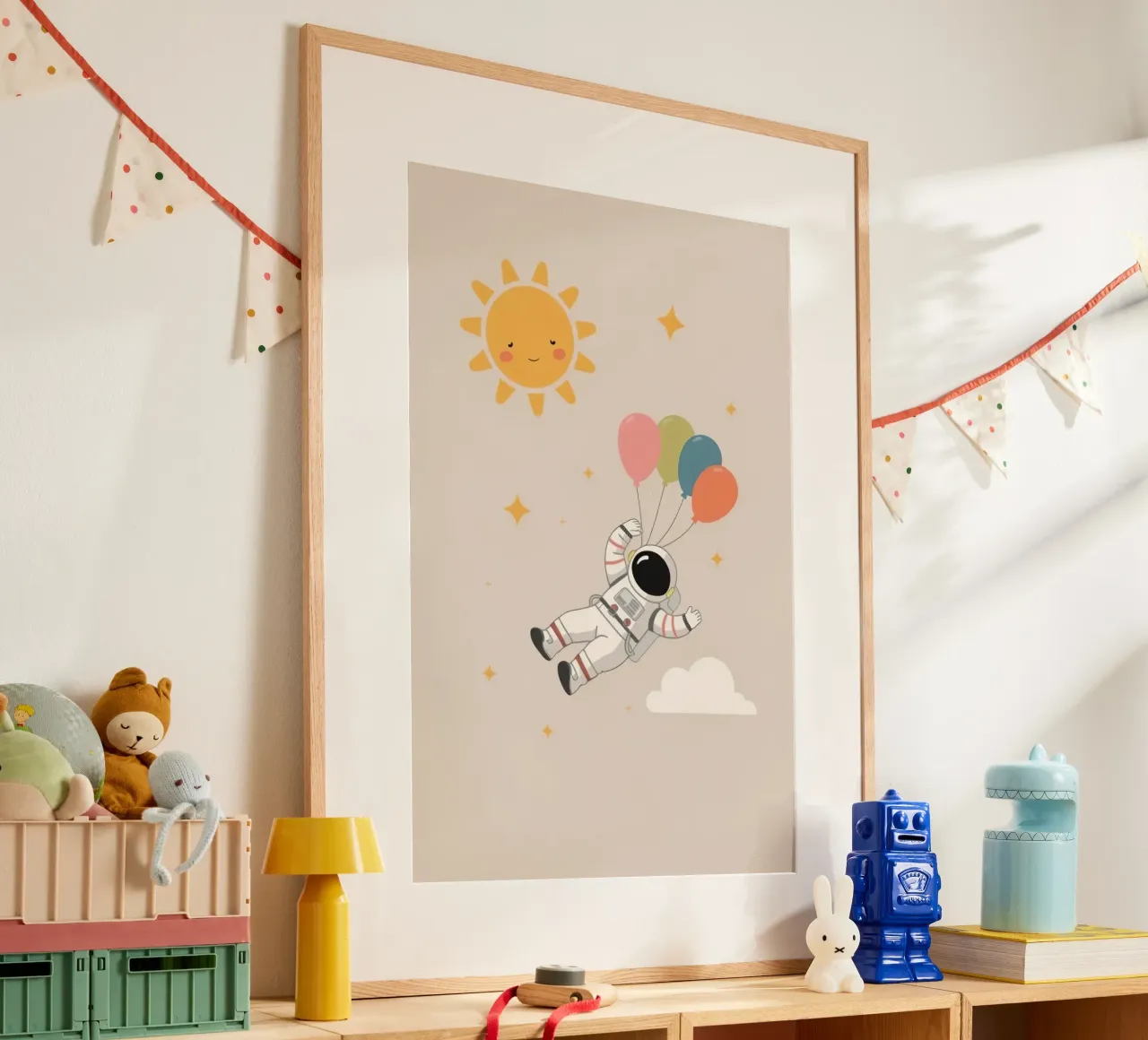 Astronauta d'arte carino con palloncini sole stelle e nuvole poster da DesignDoodle
