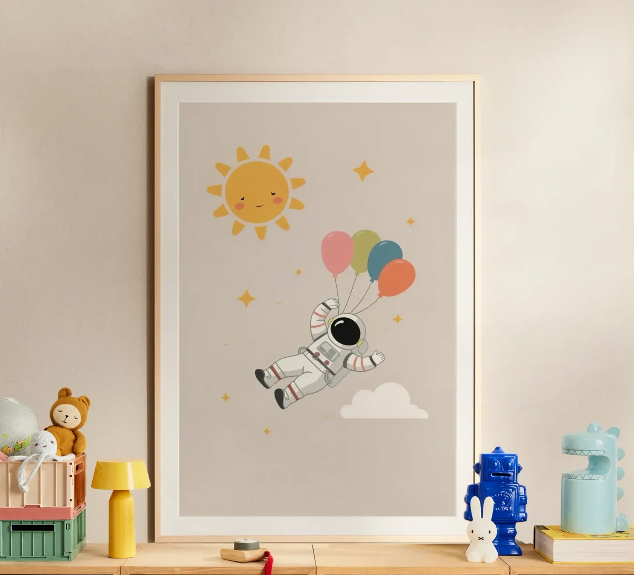 Astronauta d'arte carino con palloncini sole stelle e nuvole poster da DesignDoodle