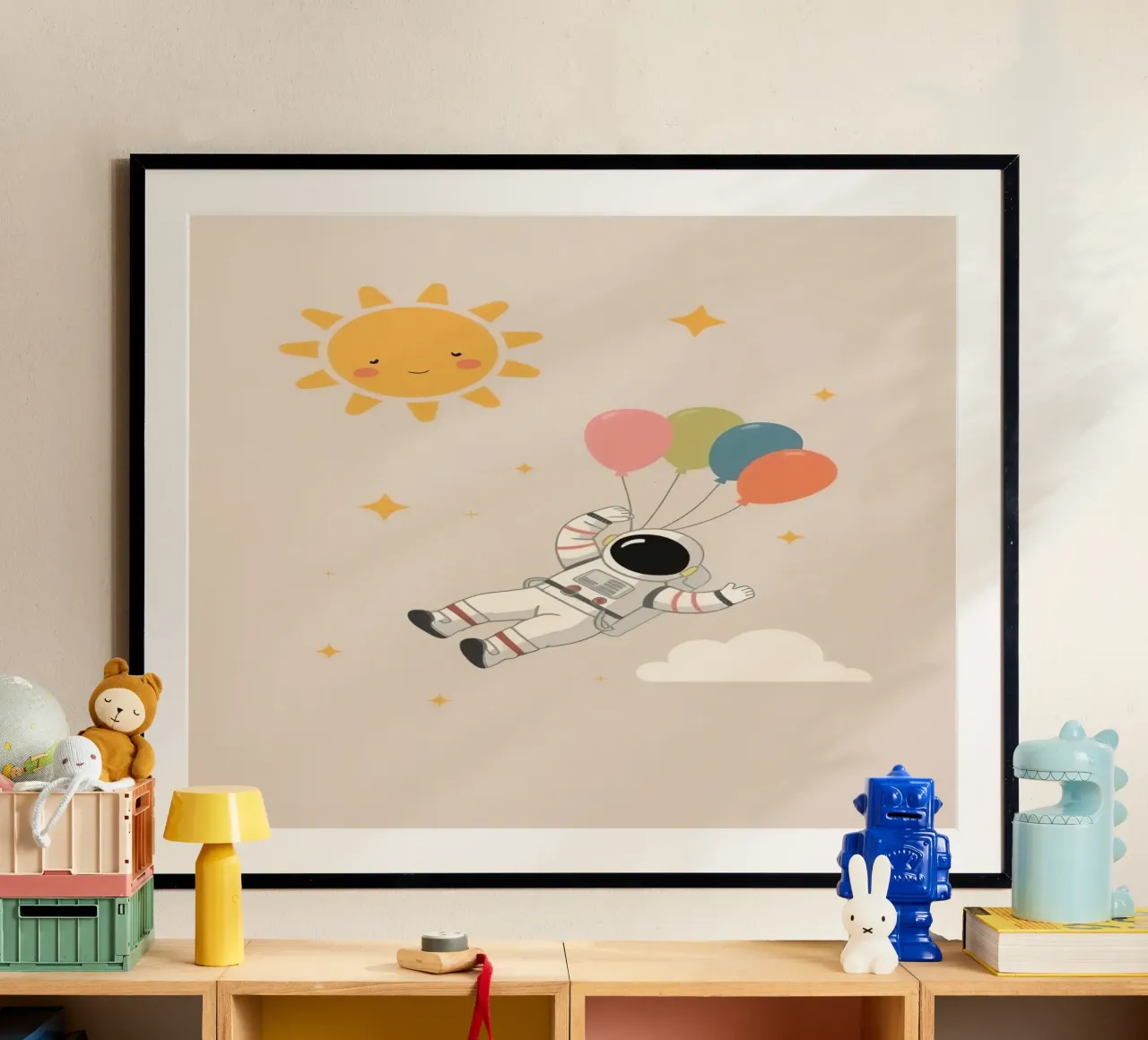 Astronauta d'arte carino con palloncini sole stelle e nuvole poster da DesignDoodle