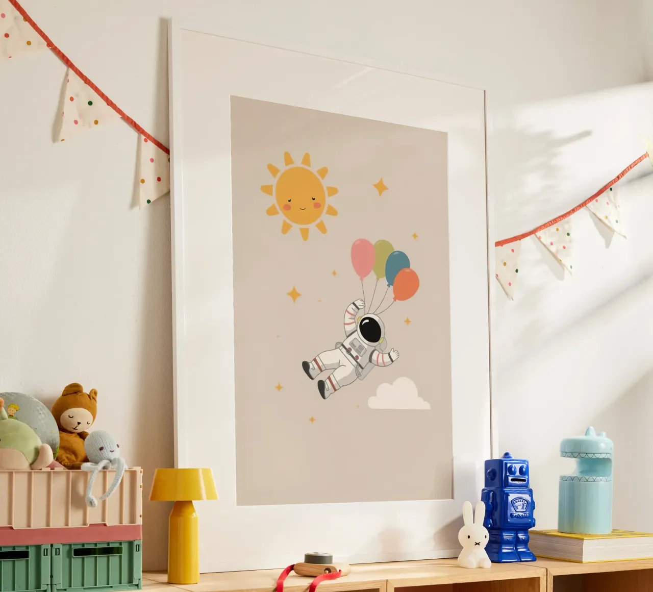 Astronauta d'arte carino con palloncini sole stelle e nuvole poster da DesignDoodle
