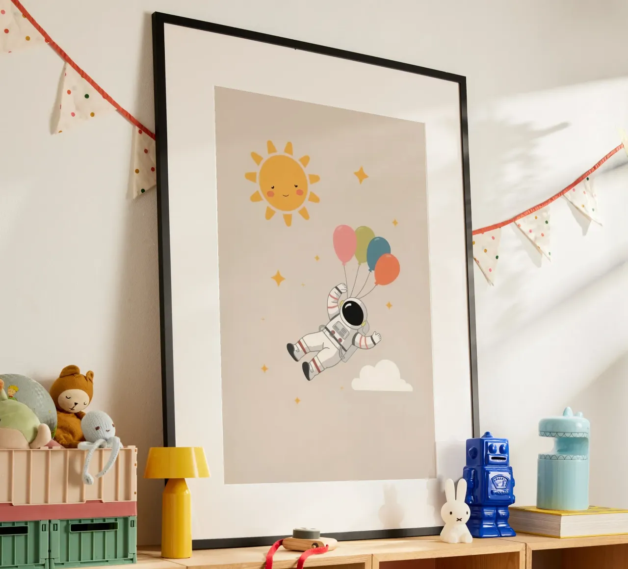Astronauta d'arte carino con palloncini sole stelle e nuvole poster da DesignDoodle
