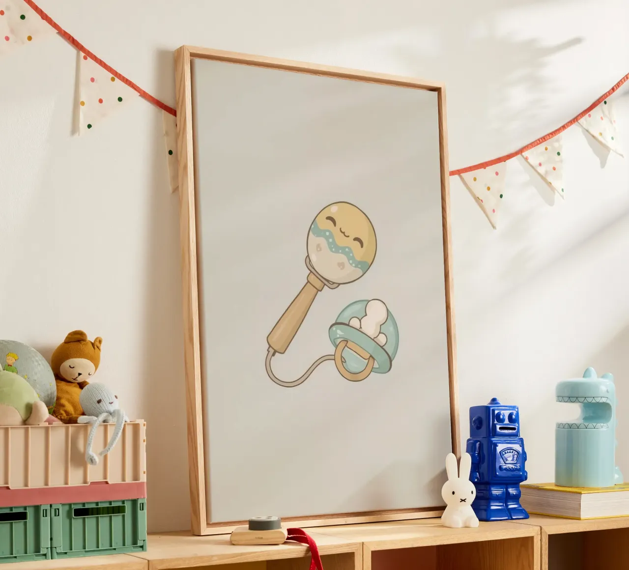Sonaglio e ciuccio per neonati - Arte per l'infanzia tela con Cornice a cassetta da DesignDoodle