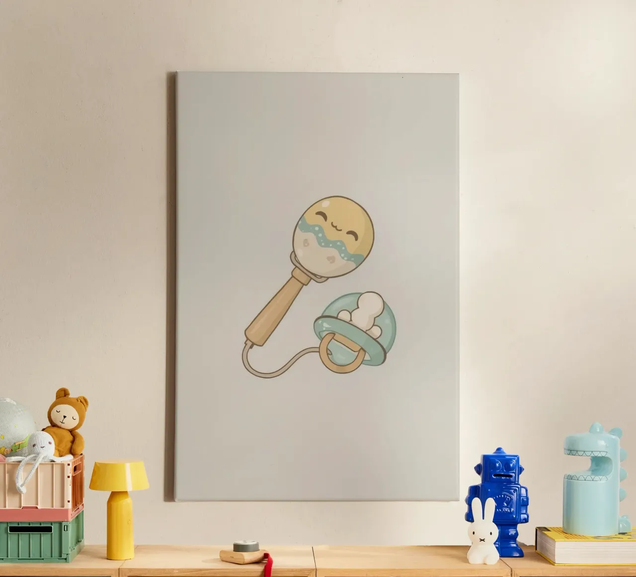Sonaglio e ciuccio per neonati - Arte per l'infanzia tela con Cornice a cassetta da DesignDoodle