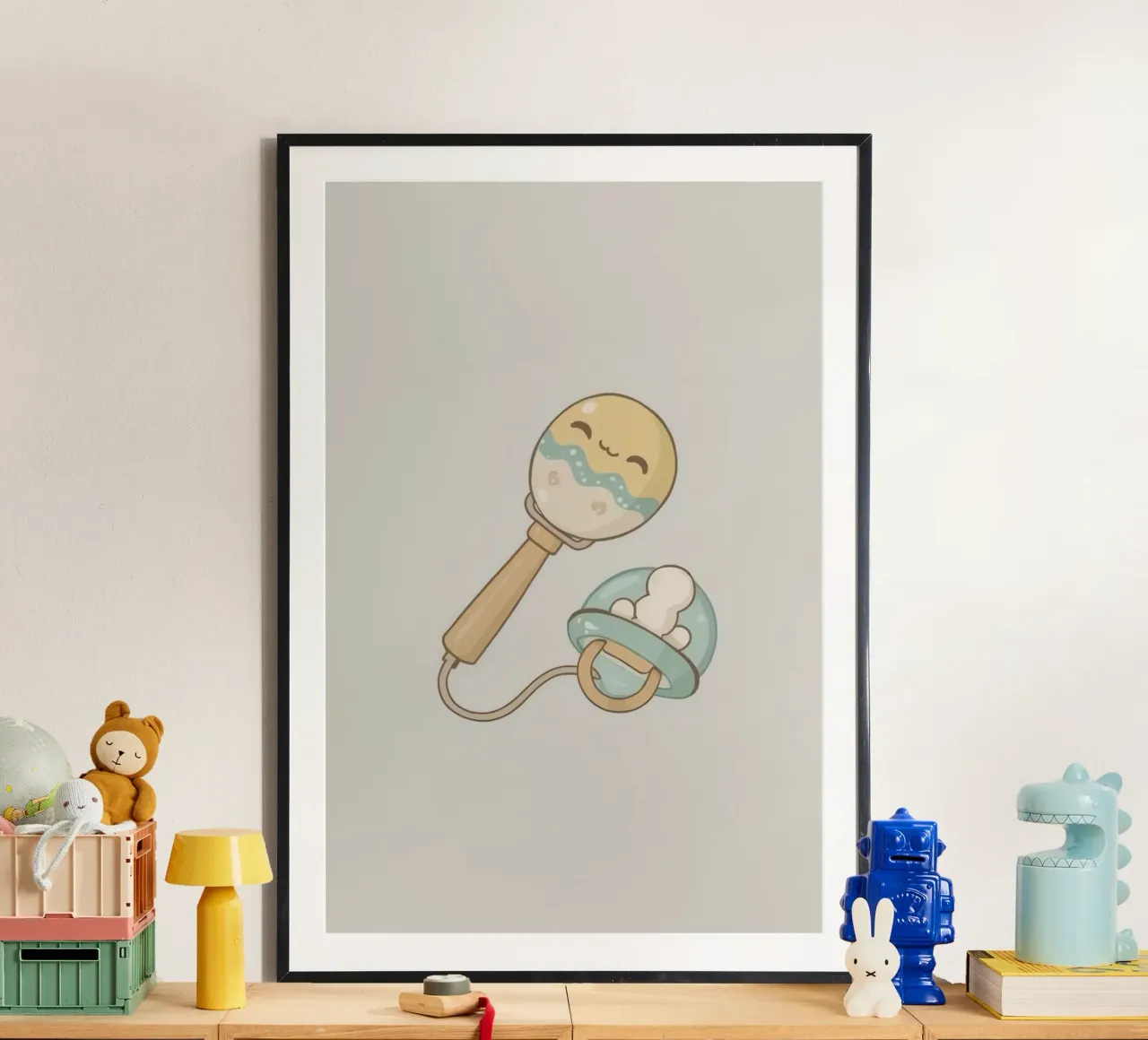 Sonaglio e ciuccio per neonati - Arte per l'infanzia poster da DesignDoodle