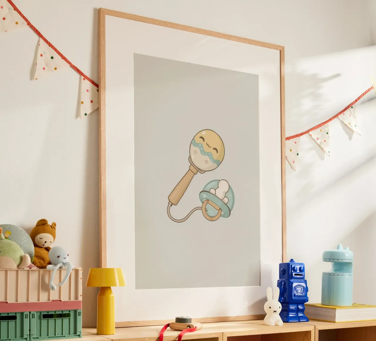 Sonaglio e ciuccio per neonati - Arte per l'infanzia poster da DesignDoodle