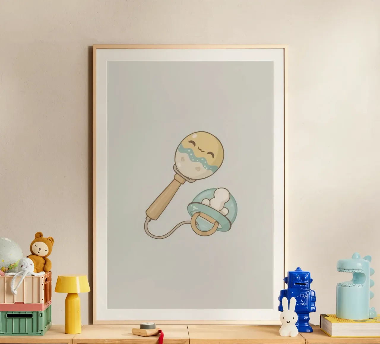 Sonaglio e ciuccio per neonati - Arte per l'infanzia poster da DesignDoodle