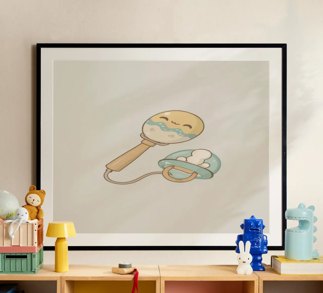 Sonaglio e ciuccio per neonati - Arte per l'infanzia poster da DesignDoodle